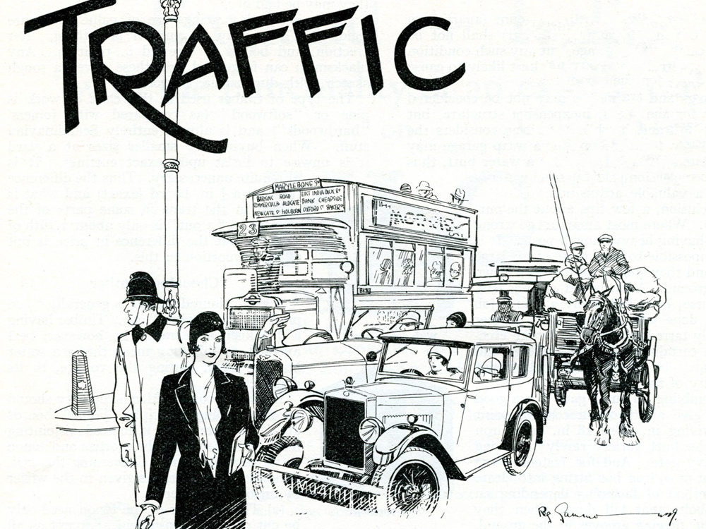Reg Gammons Minor Saloon in Traffic Art sketch drawing Morris Owner June 1929 ws